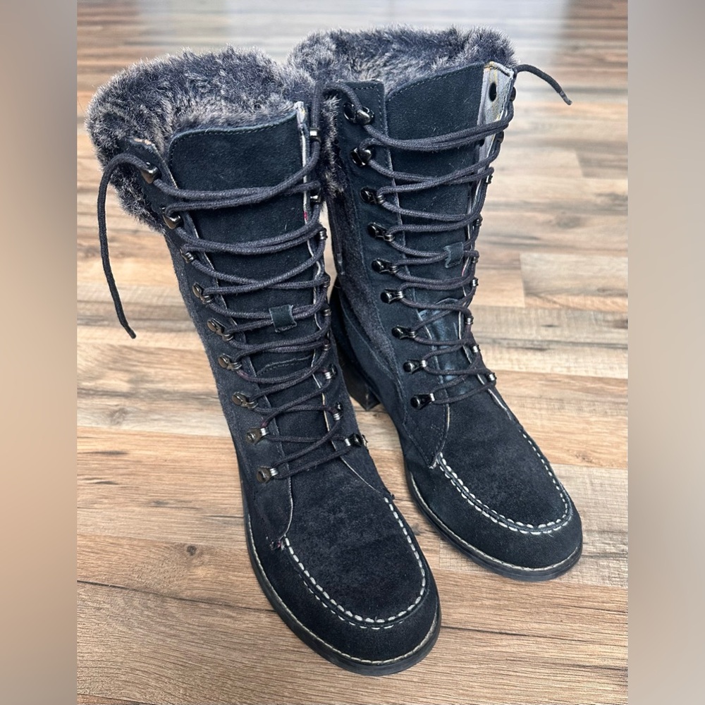 Lands' End Women’s Black Suede and Faux Fur Lace-Up Boots Size 8.5